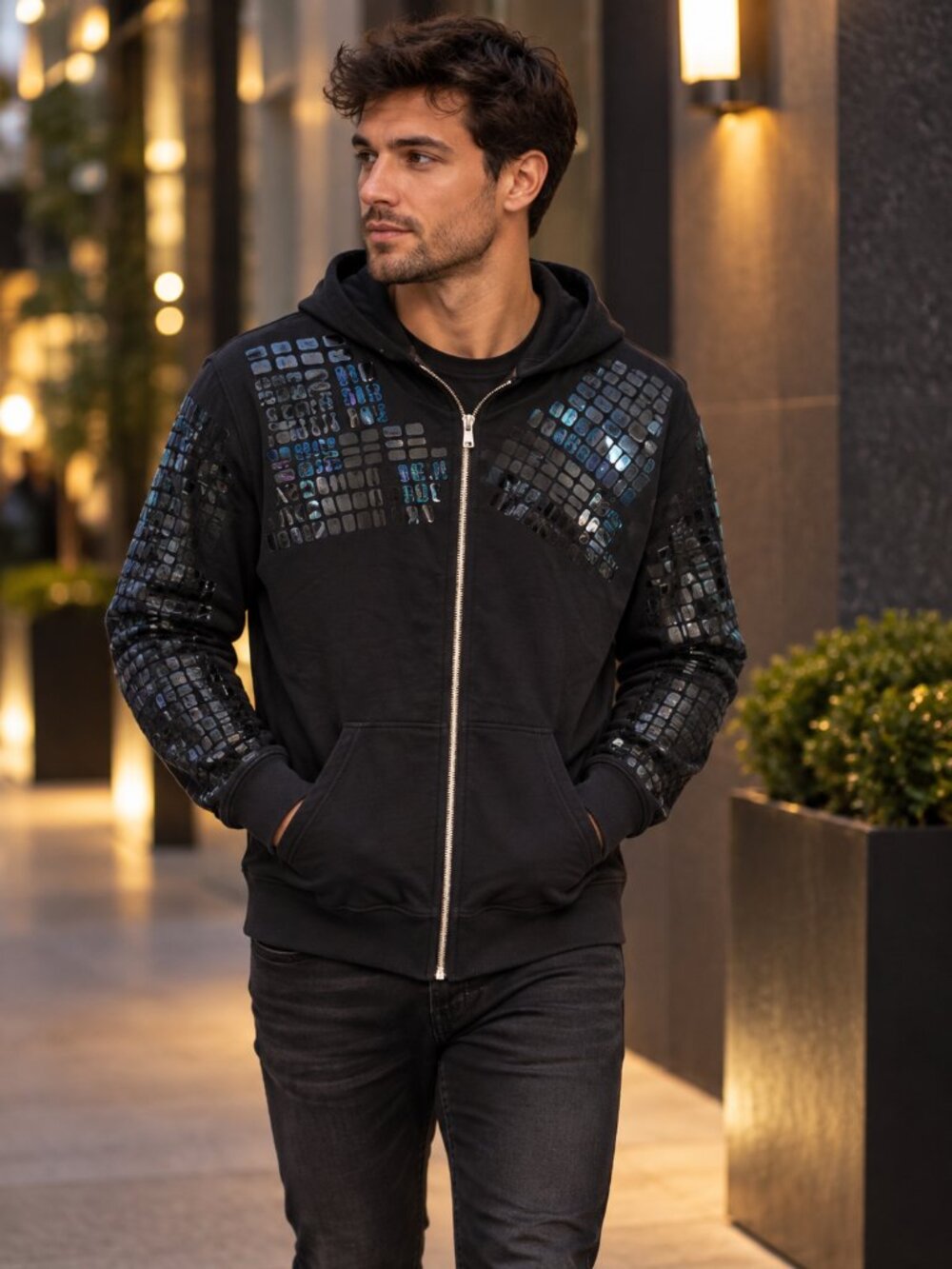 PRPS Goods & Co Black Holographic Embellished Zip Hoodie Jacket M